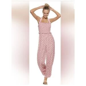 Candie's Smocked Halter Pink Rose White Polka Dots Open Back Jumpsuit  Large EUC
